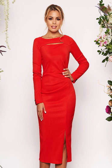Rochie StarShinerS rosie eleganta midi tip creion din scuba cu maneci lungi si decupata la bust