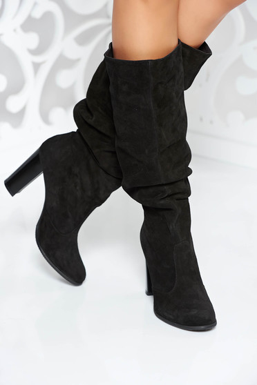Cizme dama negre casual din piele naturala cu toc gros