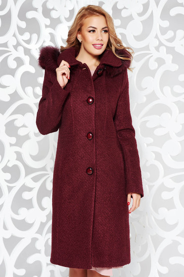 Burgundy elegant from wool coat with straight cut with inside lining detachable hood