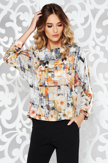 Grey office flared women`s blouse nonelastic fabric with floral prints