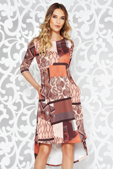 Rochie maro casual asimetrica cu croi larg din material usor elastic cu buzunare