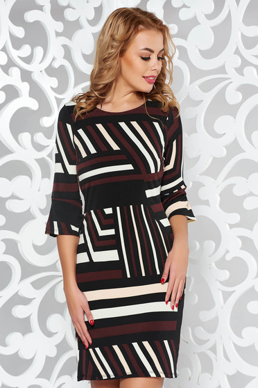 Rochie StarShinerS neagra de zi cu un croi mulat din material elastic captusita pe interior cu volanase la maneca