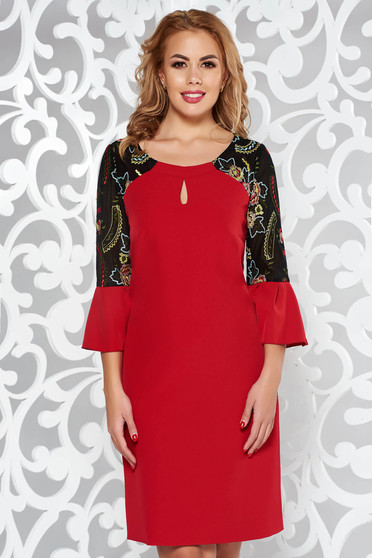 Red elegant 3/4 sleeve dress with bell sleeve slightly elastic fabric with embroidery details