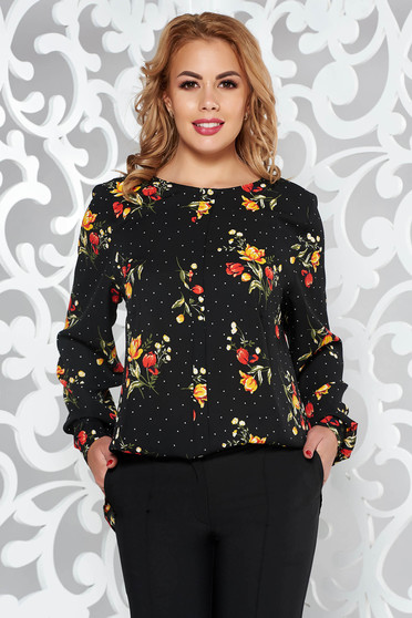 Black office flared women`s blouse airy fabric long sleeves