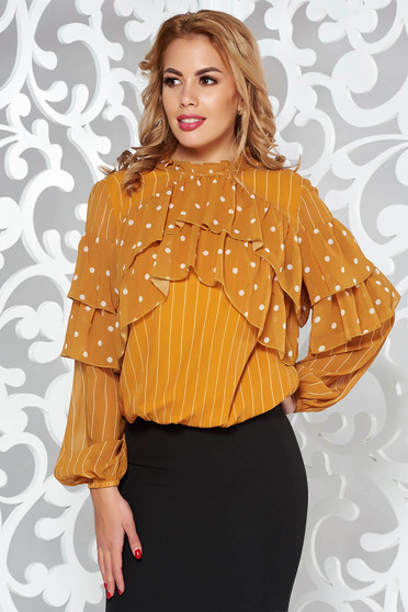 LaDonna mustard office flared women`s blouse voile fabric with inside lining with ruffle details