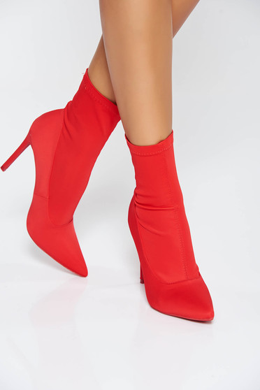 Red casual ankle boots with high heels from satin fabric texture slightly pointed toe tip