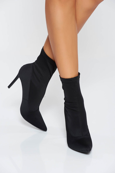 Black casual ankle boots with high heels from satin fabric texture slightly pointed toe tip