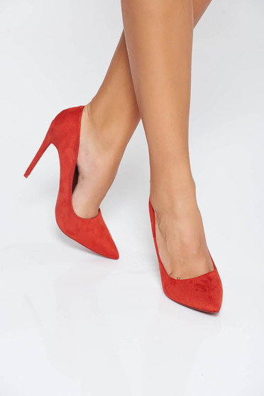 Orange elegant shoes from velvet fabric with high heels slightly pointed toe tip