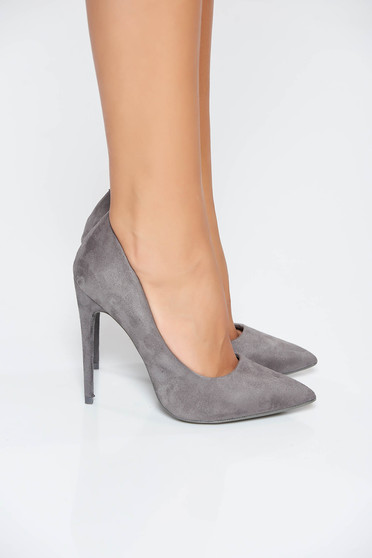 Grey elegant shoes from velvet fabric with high heels slightly pointed toe tip