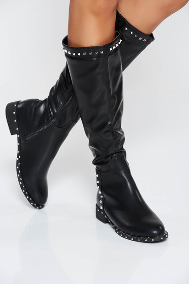 Black casual boots ecological leather with metallic spikes