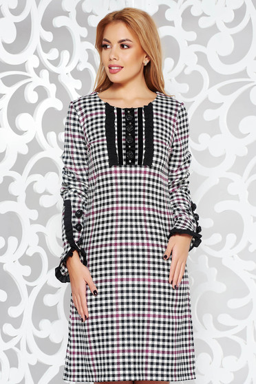 LaDonna black office dress with straight cut from non elastic fabric plaid fabric handmade applications