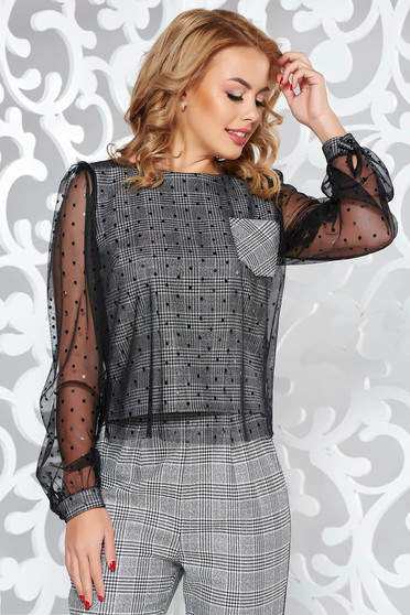Fofy black casual flared women`s blouse from non elastic fabric plaid fabric with net