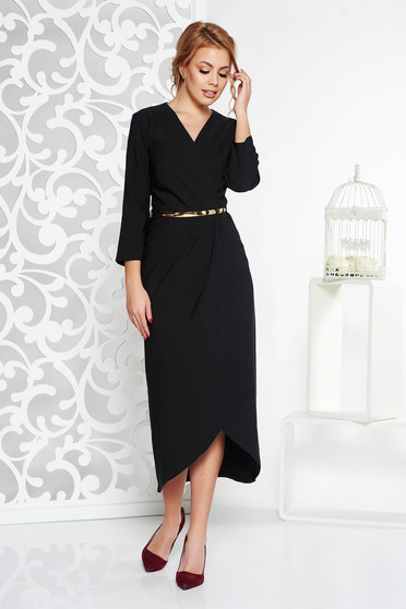 Rochie neagra eleganta din stofa subtire usor elastica captusita pe interior cu accesoriu tip curea