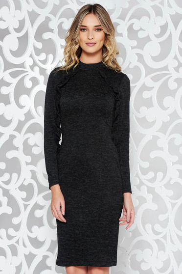 Knitwear dresses, StarShinerS black daily dress with tented cut knitted fabric with ruffle details - StarShinerS.com