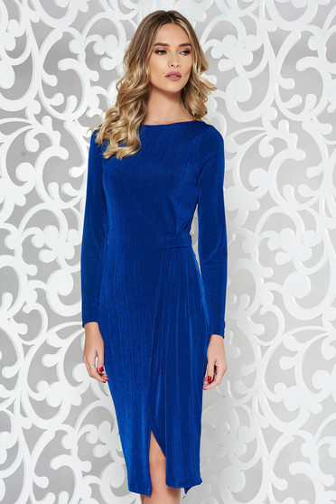 Rochie StarShinerS albastra de ocazie cu un croi mulat din material elastic cu maneca lunga