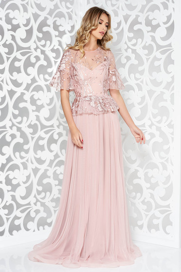 Rochie Ana Radu rosa de lux lunga in clos din tul si dantela brodata cu peplum