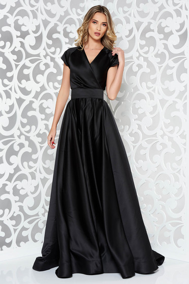 Ana Radu black long luxurious cloche dress from satin fabric texture accessorized with tied waistband