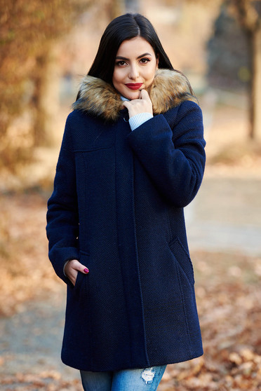 Darkblue casual straight wool coat with undetachable hood with faux fur accessory