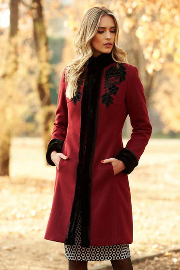 LaDonna burgundy elegant wool coat arched cut with faux fur details with embroidery details