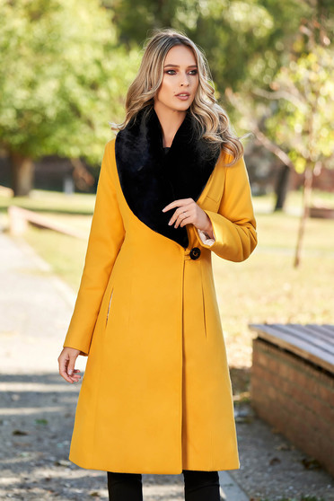 LaDonna mustard elegant wool coat arched cut fur collar