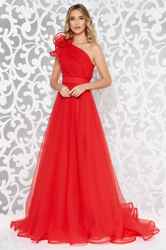 Ana Radu red luxurious dress with inside lining accessorized with tied waistband one shoulder