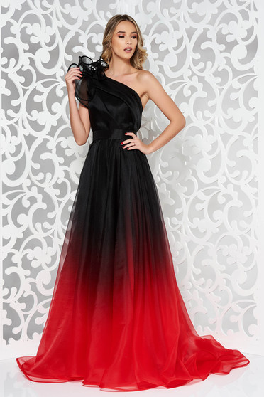 Long black tulle dress in a-line style with one shoulder, accessorized with a belt - Ana Radu