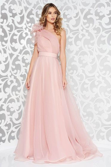 Light Pink Tulle Dress with A-line Cut on Shoulder Accessorized with Belt - Ana Radu