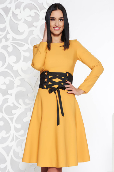 LaDonna mustard daily elegant cloche dress slightly elastic fabric accessorized with tied waistband