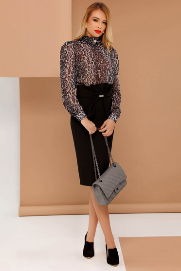 Fusta PrettyGirl neagra eleganta cu talie inalta tip creion din stofa accesorizata cu o fundita
