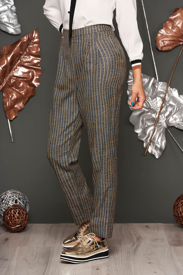 Pantaloni Fofy mustarii office conici cu talie inalta din stofa neelastica cu buzunare