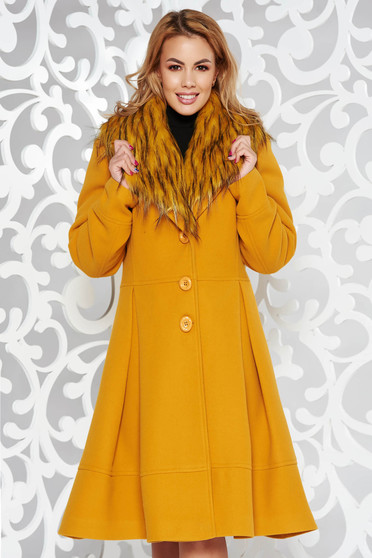 LaDonna mustard elegant cloche coat from wool with detachable faux fur insertions