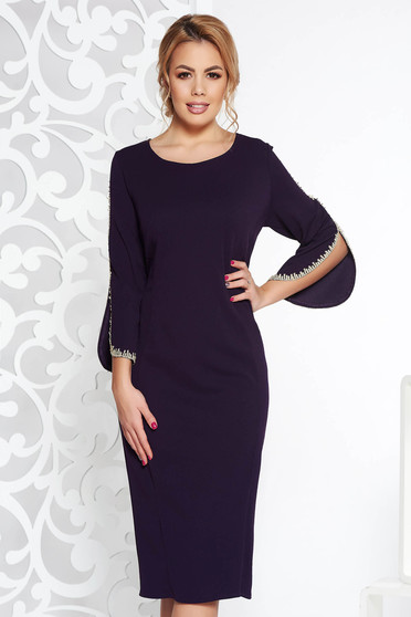 Purple midi elegant pencil dress from elastic fabric with embroidery details