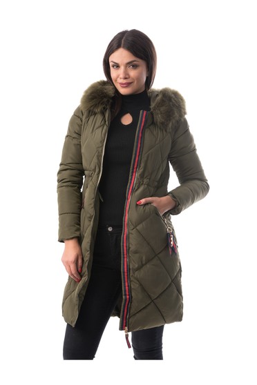 Khaki casual from slicker jacket with inside lining with faux fur accessory
