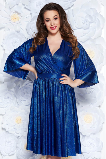 Rochie StarShinerS albastra de ocazie in clos din material lucios captusita pe interior cu decolteu in v