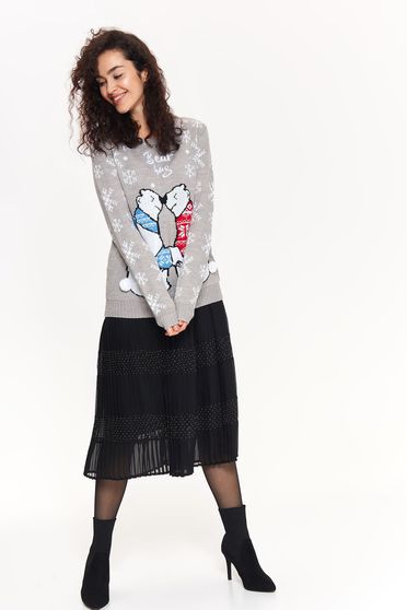 Pulover Top Secret gri casual cu croi larg din material tricotat cu ciucuri