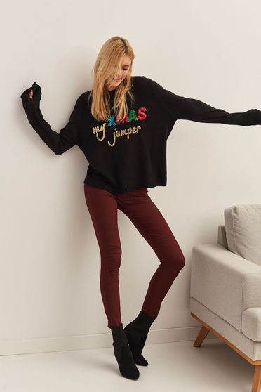 Pulover Top Secret negru casual cu croi larg din material tricotat cu aplicatii cu paiete