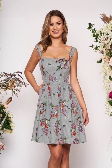 Rochie StarShinerS neagra scurta de zi din bumbac cu buzunare cu dungi si imprimeu floral