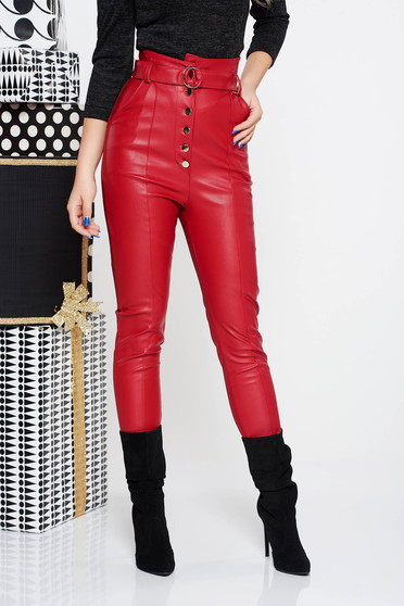 SunShine red casual high waisted trousers from ecological leather accessorized with tied waistband