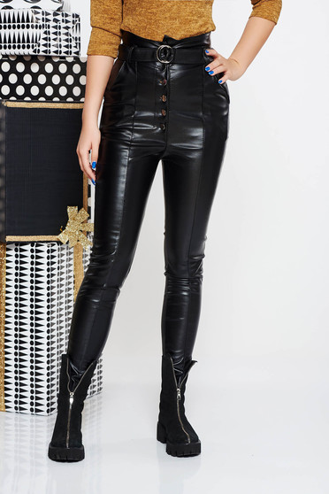 SunShine black casual high waisted trousers from ecological leather accessorized with tied waistband