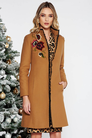 Ladonna Brown Elegant Embroidered Wool Coat Arched Cut With Inside Lining With Pockets 0940