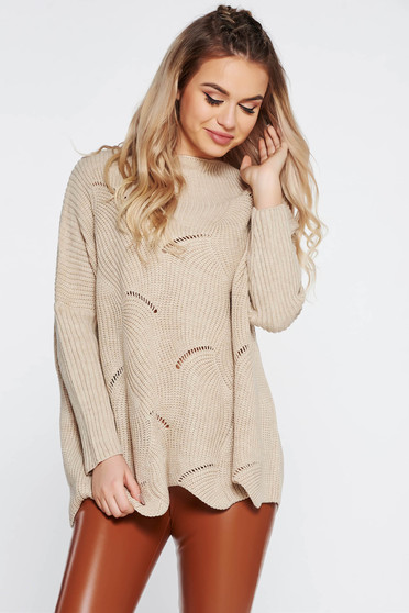 Cream casual flared sweater knitted fabric with cut out material