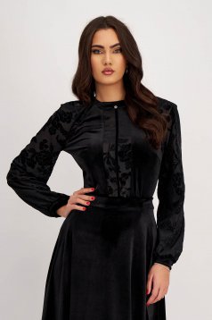 Velvet Women's Blouse in Black with Fitted Lace Puff Sleeves - StarShinerS