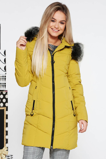 SunShine mustard casual jacket from slicker with inside lining with undetachable hood with pockets