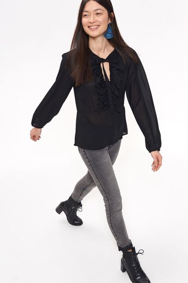Bluza dama Top Secret neagra casual cu croi larg din material usor transparent cu volanase