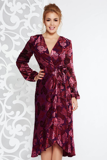Burgundy elegant wrap around dress from velvet fabric with inside lining with v-neckline