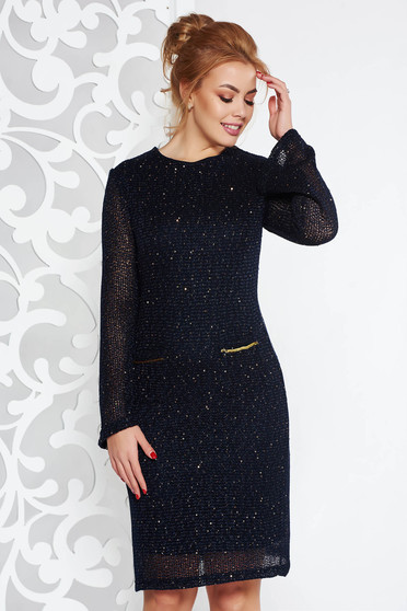 Rochie Fofy albastra-inchis eleganta cu un croi drept din material tricotat captusita pe interior cu aplicatii cu paiete