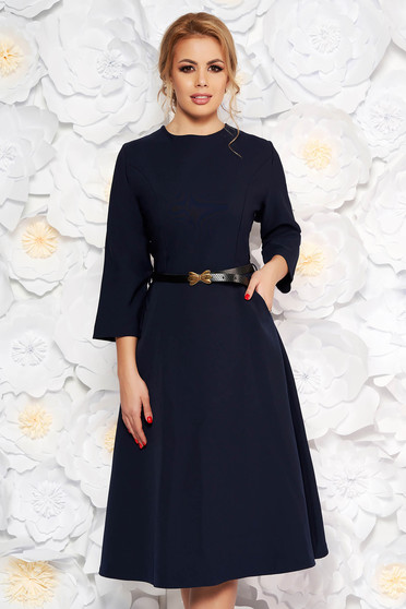 Rochie albastra-inchis office in clos din bumbac usor elastic cu buzunare cu accesoriu tip curea