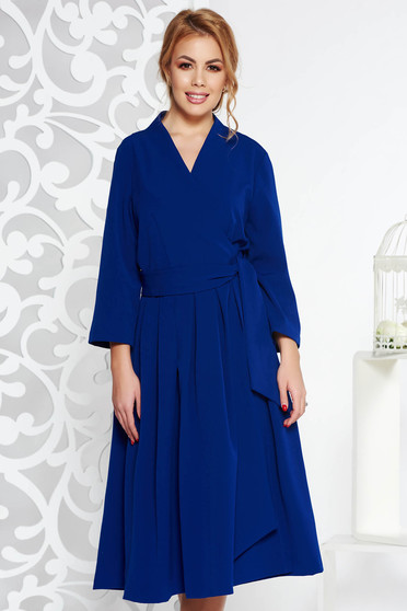 Rochie albastra eleganta midi in clos din bumbac neelastic cu decolteu in v