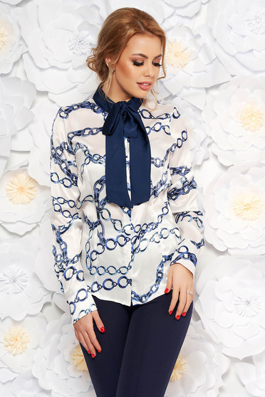 PrettyGirl white office flared women`s blouse from satin fabric texture with graphic details
