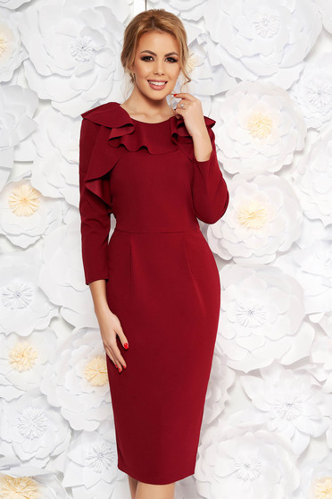 StarShinerS burgundy office midi pencil dress with inside lining slightly elastic fabric with ruffle details